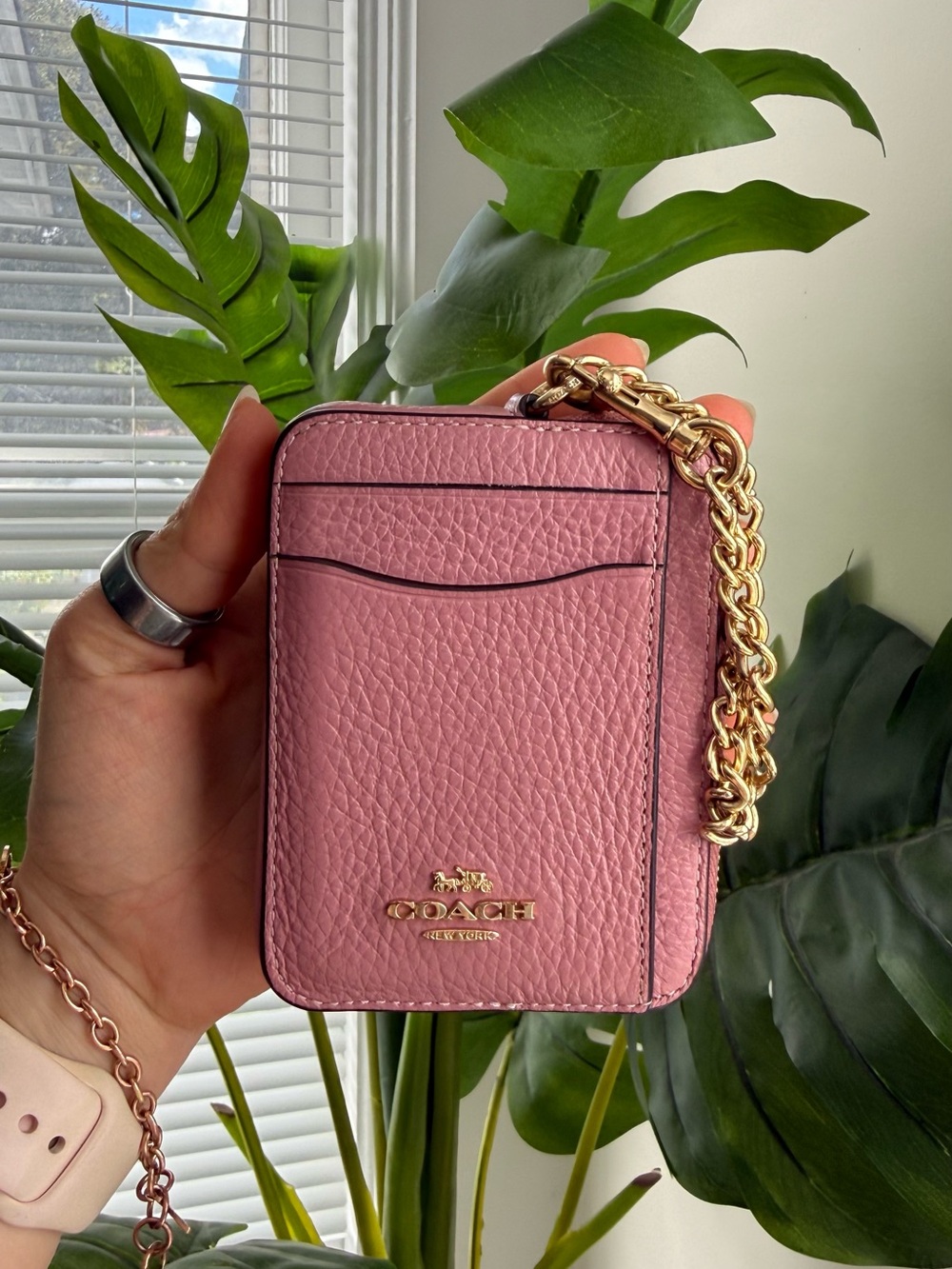 COACH Pink Pebbled Leather Card Case with Gold Chain